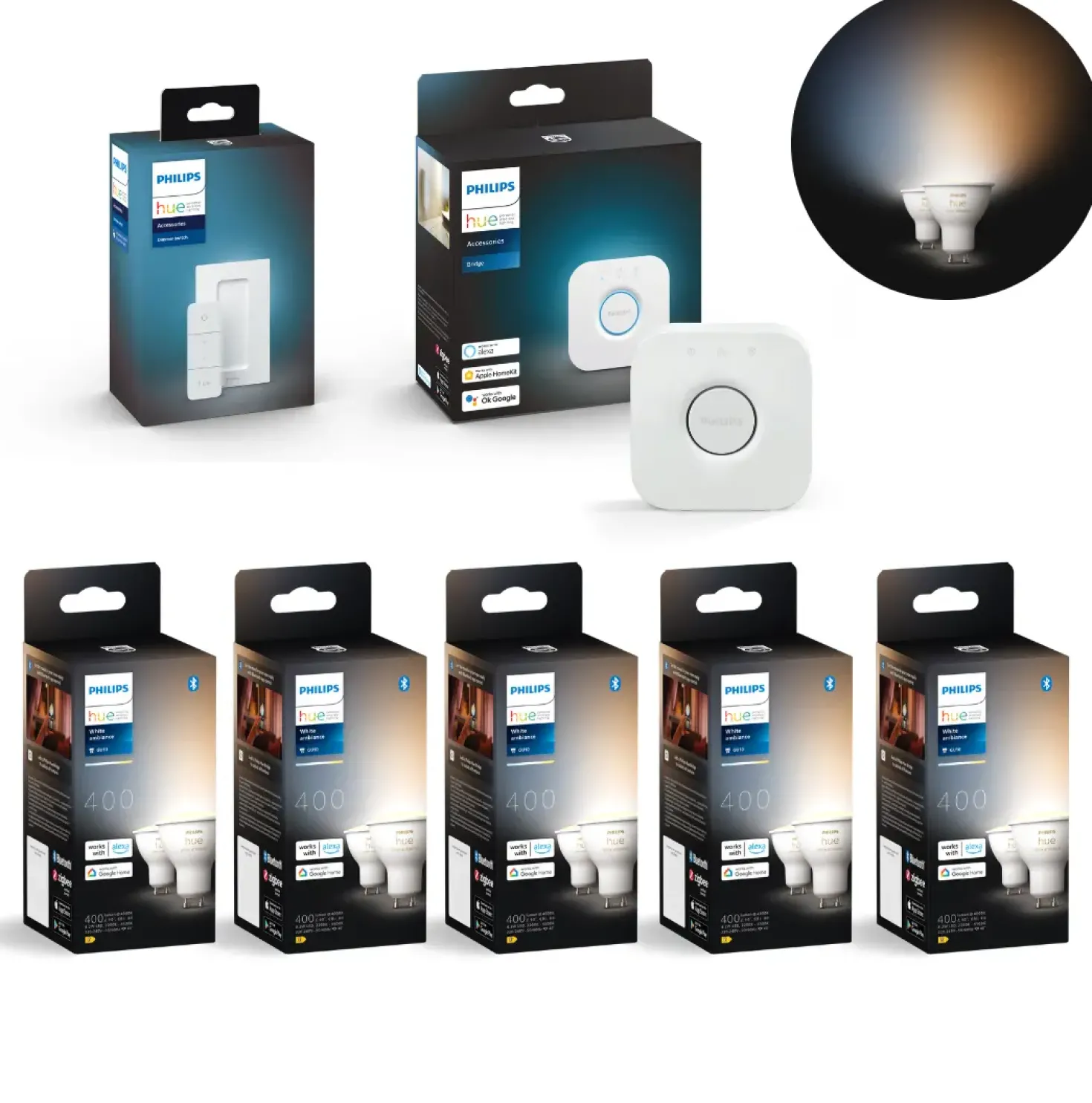Philips Hue GU10 Startsæt | 10-Pak | White Ambiance | Bridge + Switch | 400lm | 4,2W