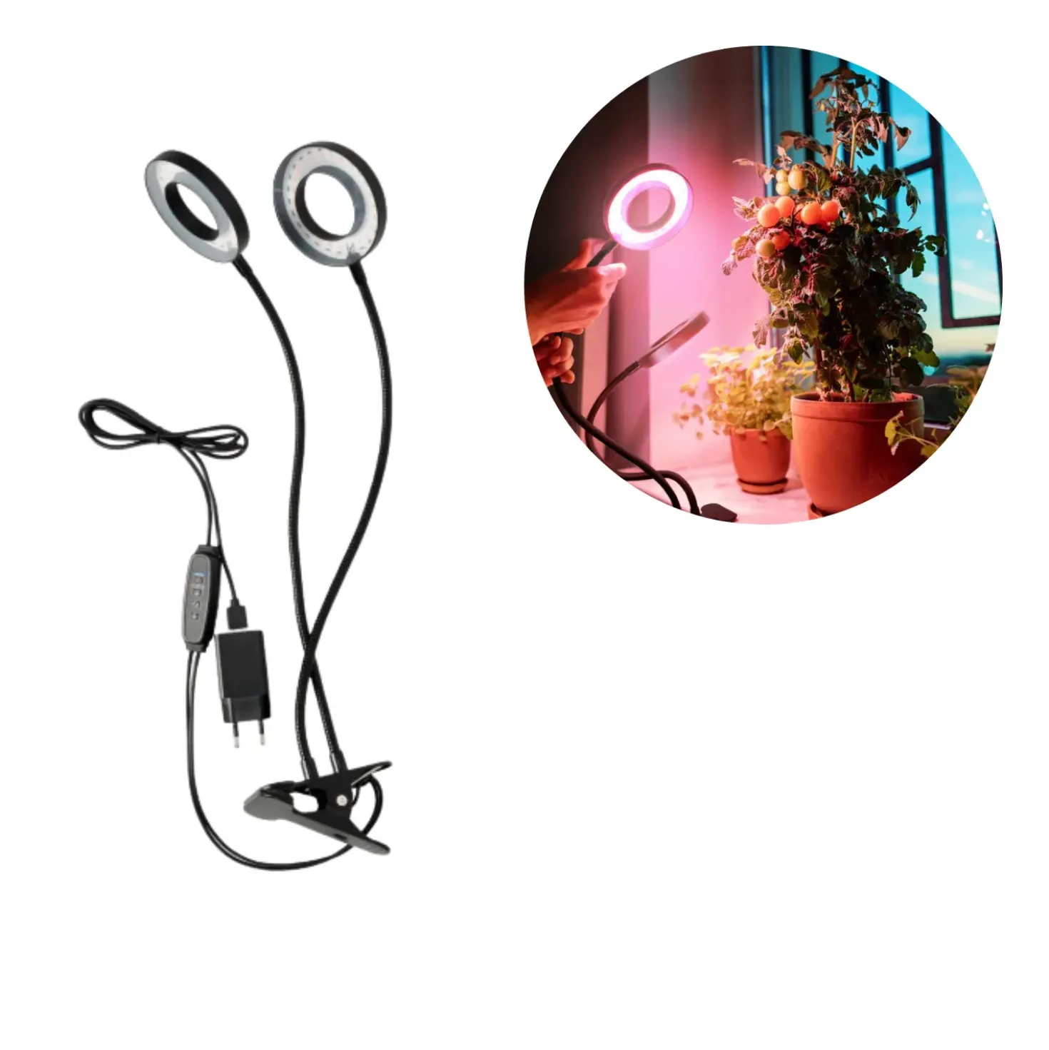 Plantelys Lampe | 7,6 PPF | 8W | 2 Ring Lyselementer | Timer | VITARO RING2 CLIP | Sort