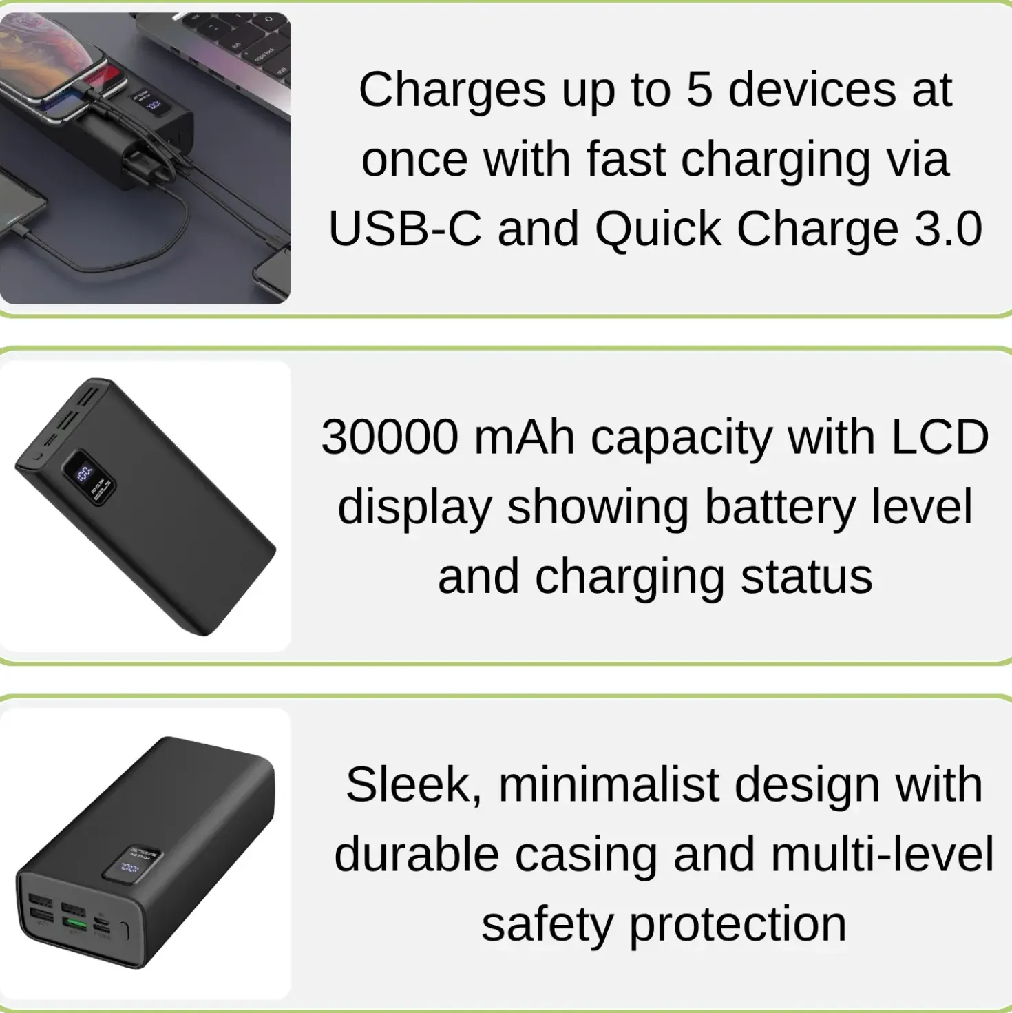 Powerbank 30000mAh | 22W | QC 3.0 | USB-C & USB-A | Sort