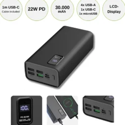 Powerbank 30000mAh | 22W | QC 3.0 | USB-C & USB-A | Sort