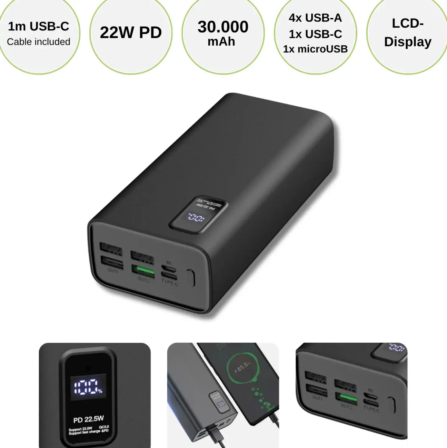 Powerbank 30000mAh | 22W | QC 3.0 | USB-C & USB-A | Sort
