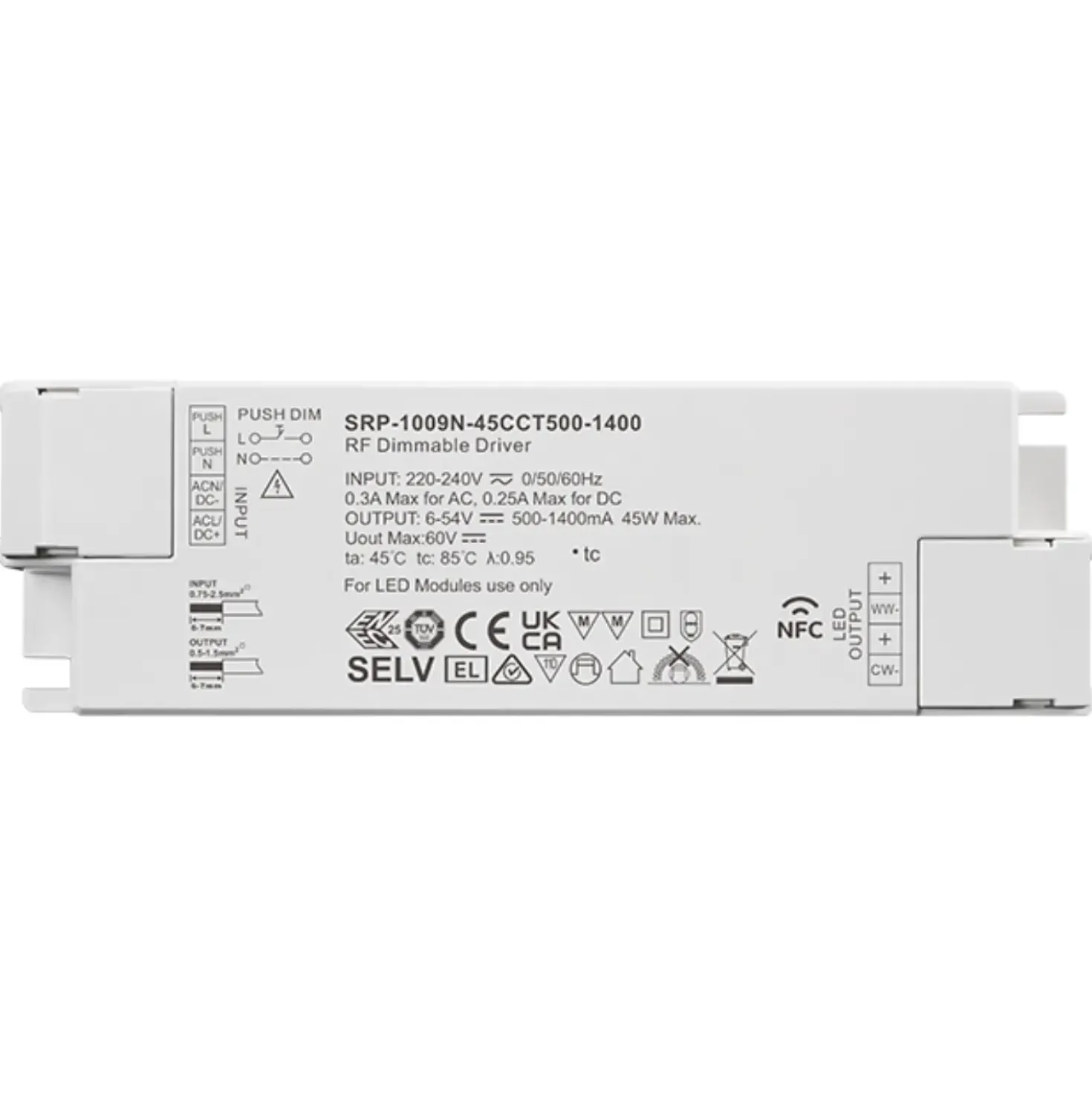 RF LED Panel Driver | CCT | 45W | 500-1400mA | 2CH | NFC Dæmpbar Driver