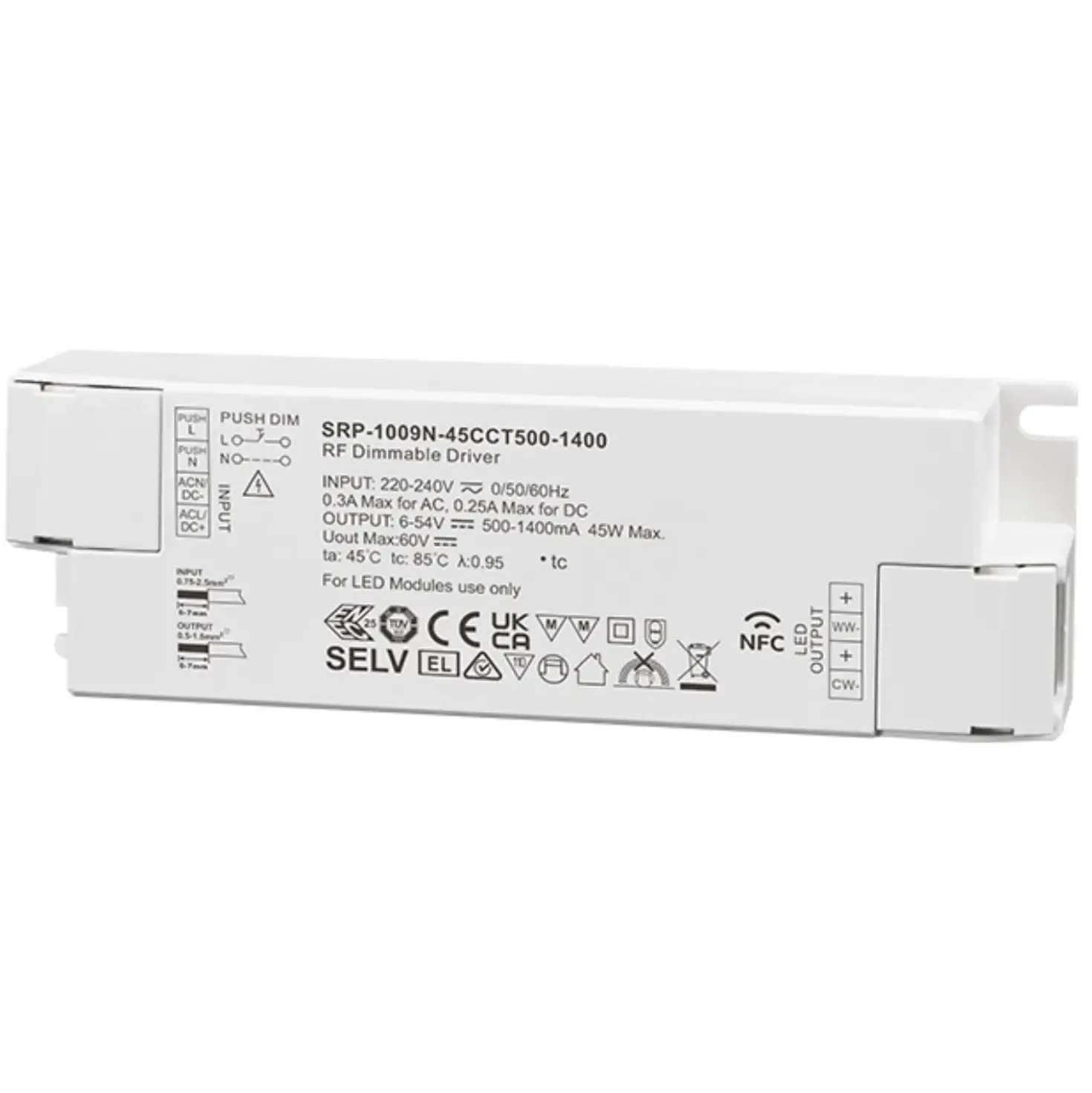 RF LED Panel Driver | CCT | 45W | 500-1400mA | 2CH | NFC Dæmpbar Driver