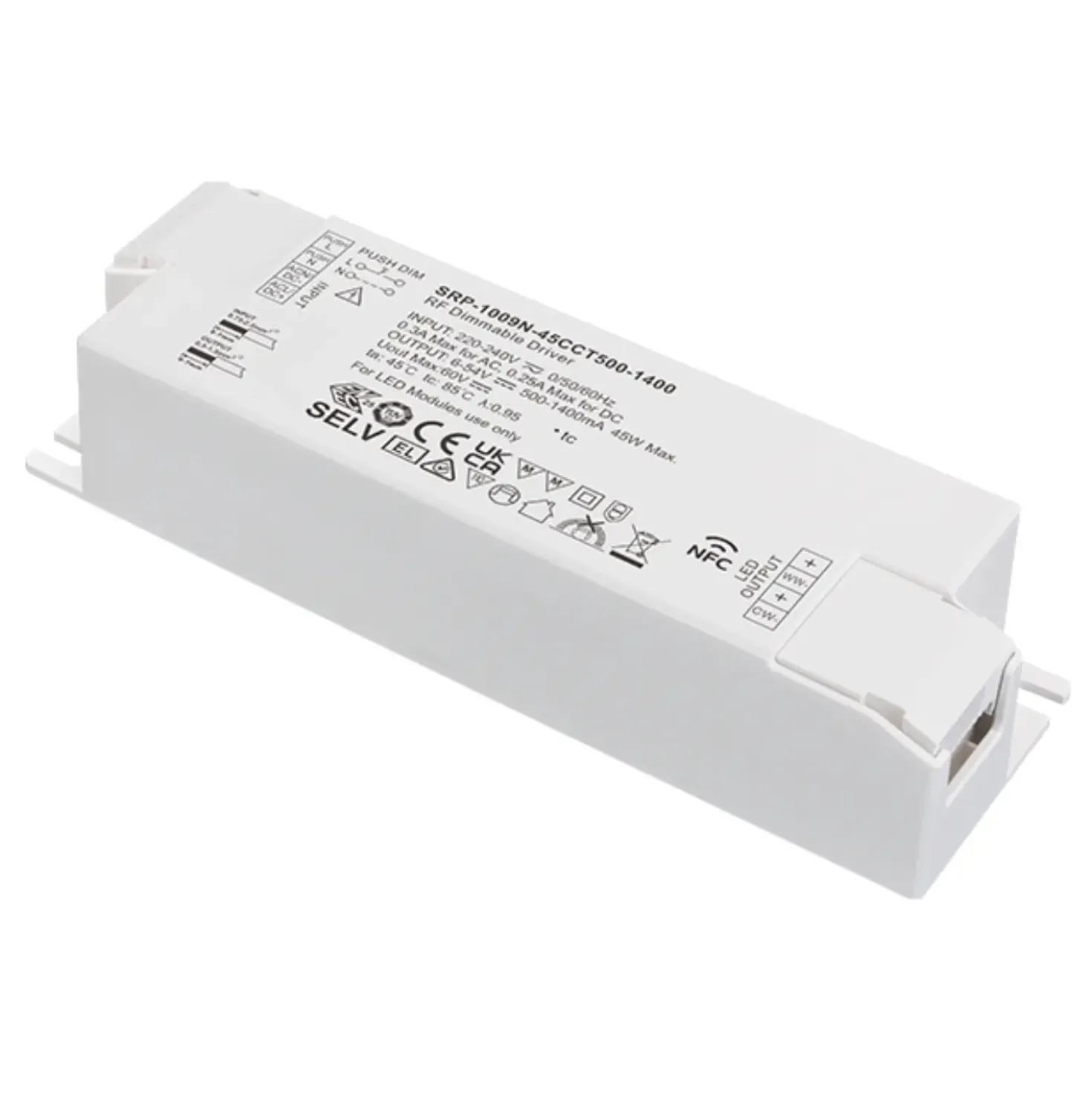 RF LED Panel Driver | CCT | 45W | 500-1400mA | 2CH | NFC Dæmpbar Driver