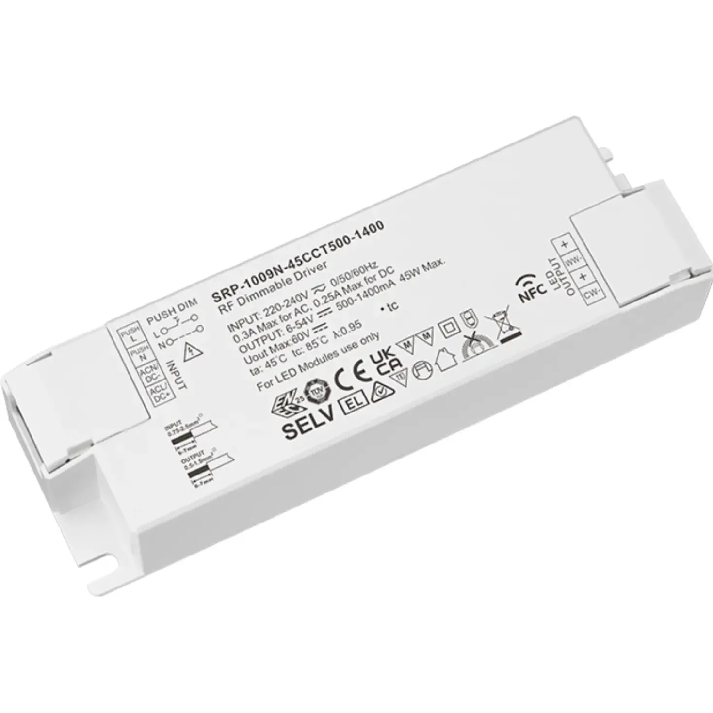 RF LED Panel Driver | CCT | 45W | 500-1400mA | 2CH | NFC Dæmpbar Driver