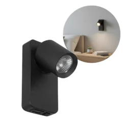 Sengelampe til væg med USB stik | USB Type A + C | GU10 | Sort