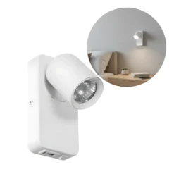 Sengelampe til væg med USB stik | USB Type A + C | GU10 | Hvid