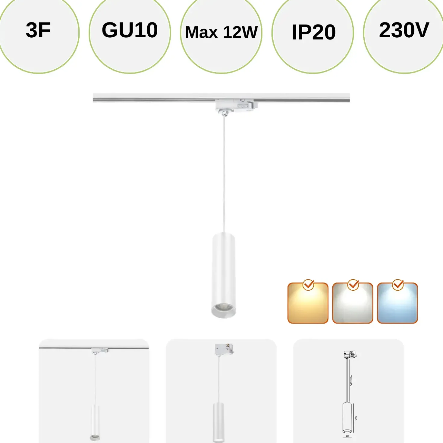 Skinne Pendantlampe | GU10 | Max 12W | 3-Faset | S-LINE P | Hvid