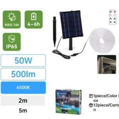 Solcelle LED strip | 5m | 6500K | 500lm | 50W | Separat solpanel | 2m kabel | Sort