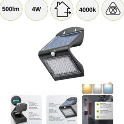 Solcelle Væglampe med Sensor | 4000K | 500lm | 4W | IP65 | Sort