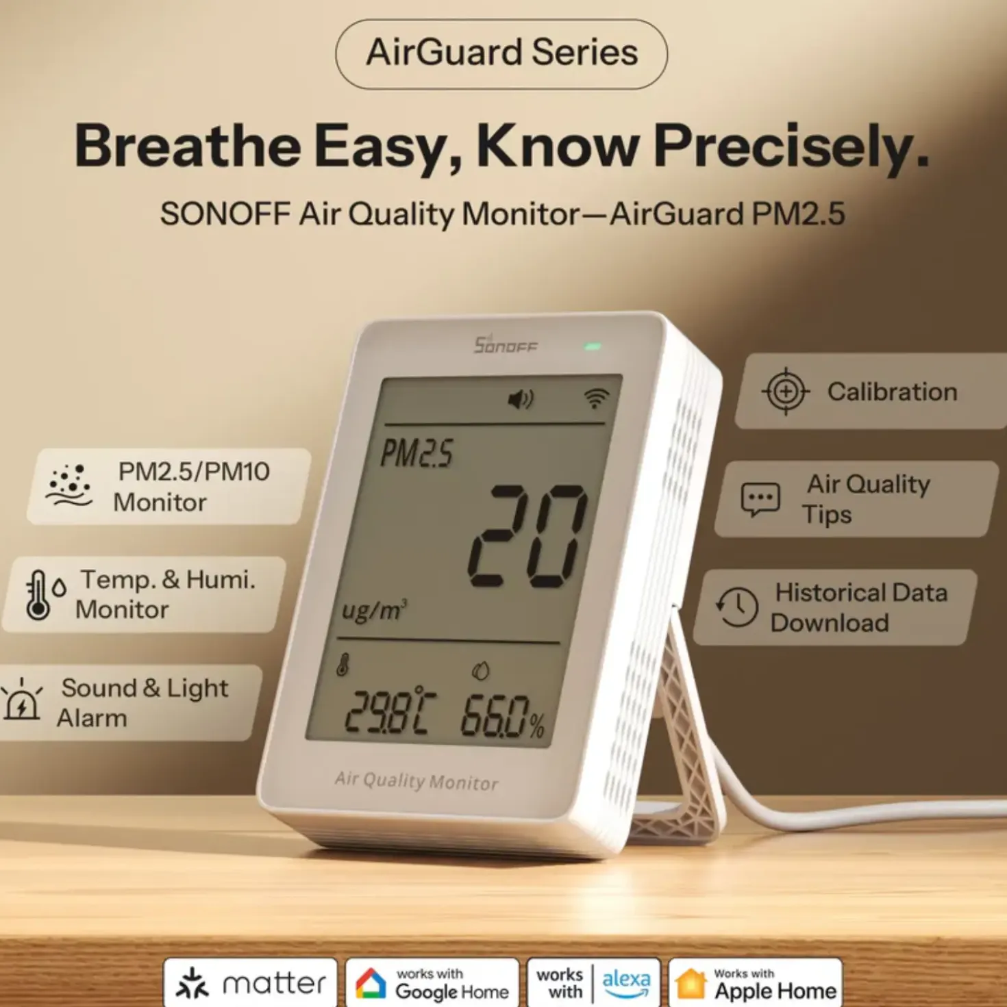 Sonoff AirGuard PM2.5/PM10 Luftkvalitetsmåler | Matter over WiFi | SAWF-07P