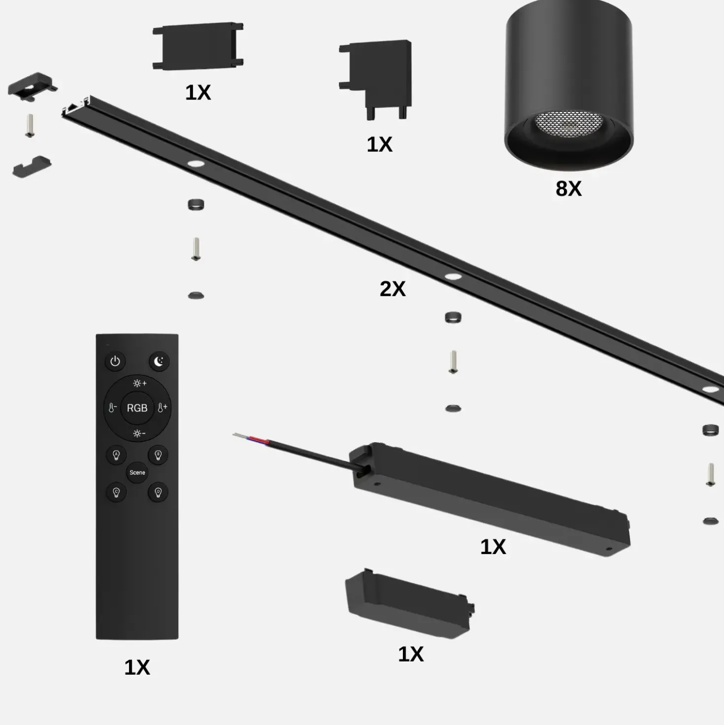 Spotlys på Skinne | 8 stk. | Komplet sæt | Wifi styring | SlimTrack | Sort