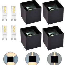 4 stk. Udendørs Væglampe inkl. G9 Pærer | 3000K | Facadelampe | Sort | Up & Down Light