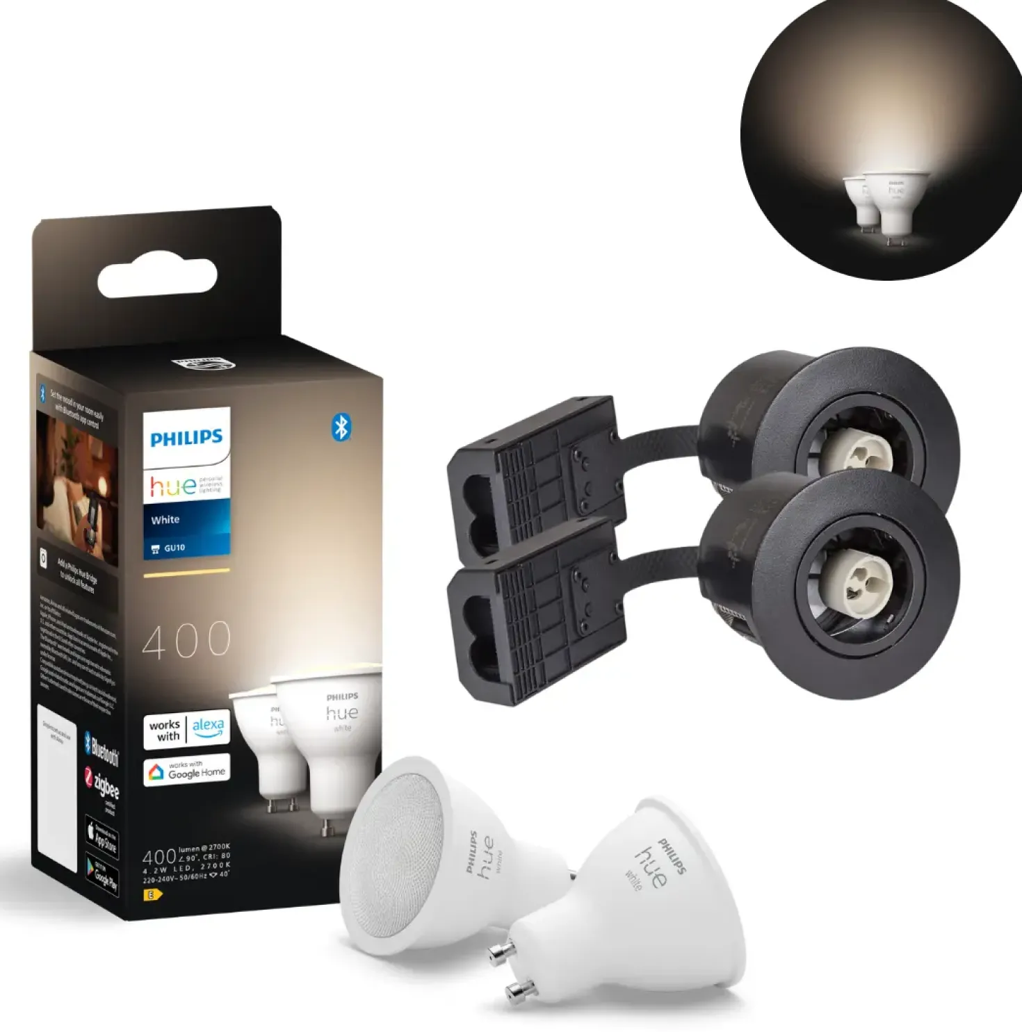 Udendørs Indbygningsspot | 2-Pak | Inkl. Philips Hue Gu10 | White | 2700K | 400lm | 4,2W | Sort