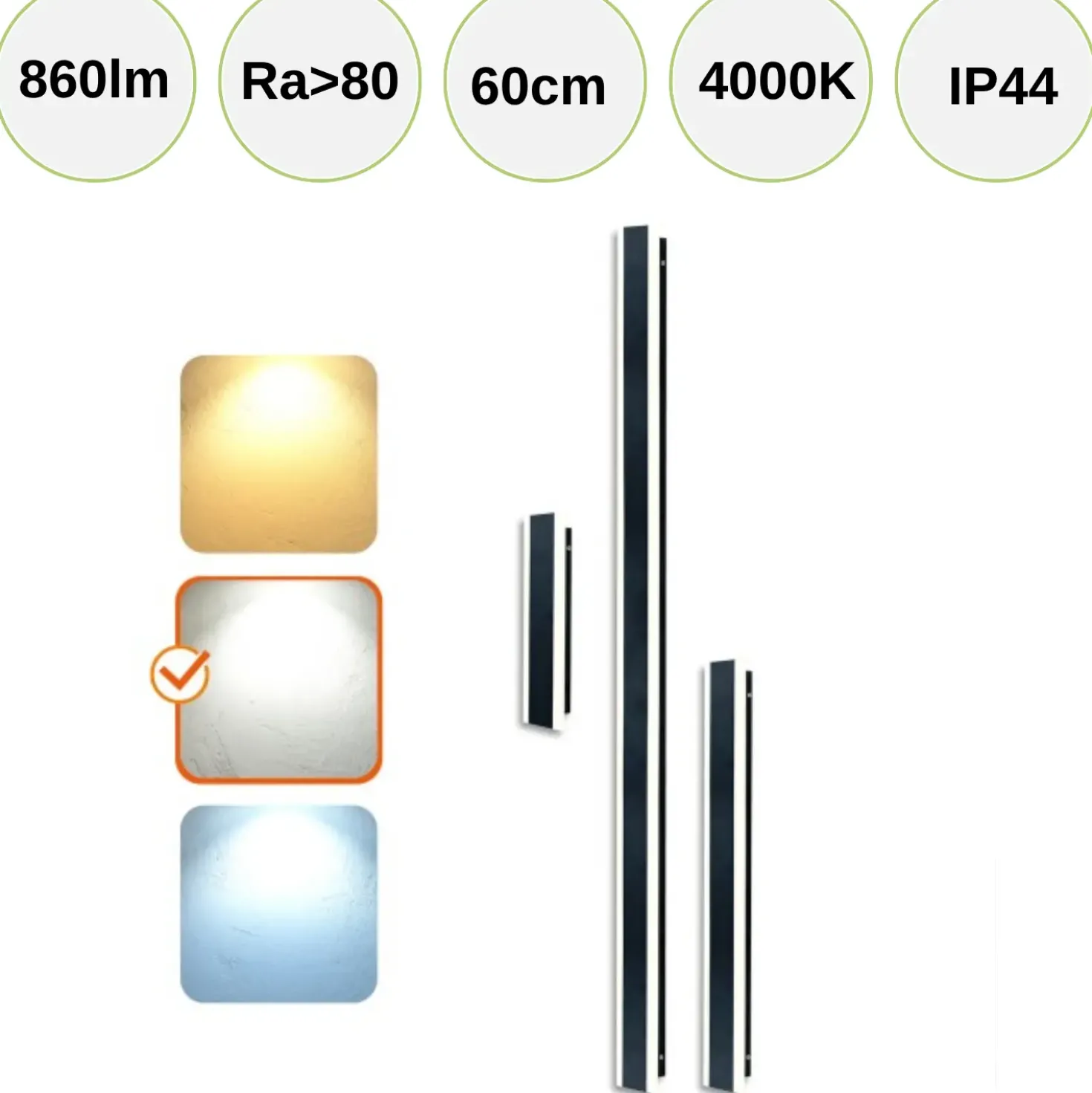 Udendørs Væglampe | 60cm | 4000K | 860lm | 12W | MIRANA S | Sort