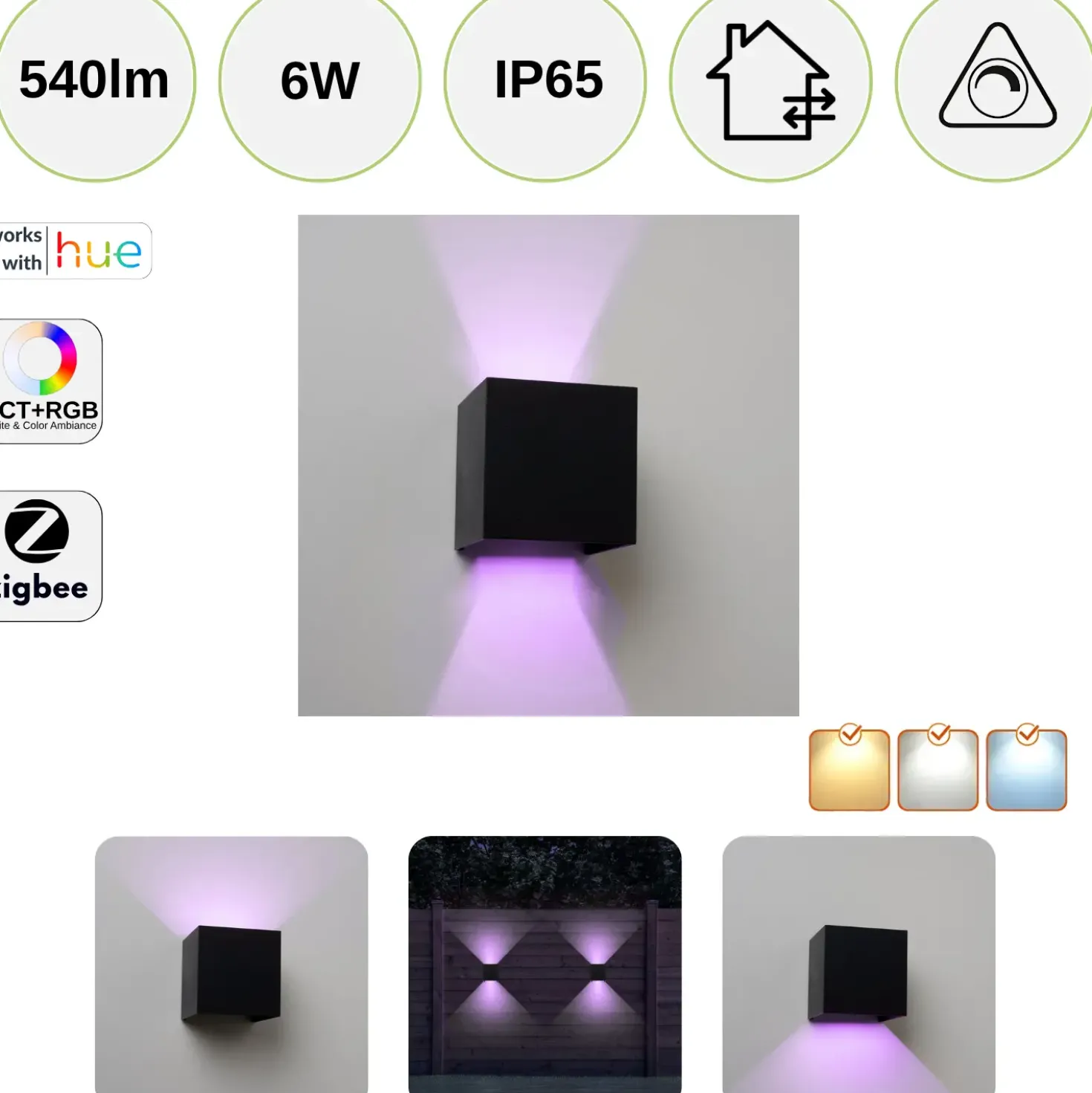 Udendørs Væglampe | RGB+CCT | 540lm | 6W | Hue Kompatible | TENZA | Sort