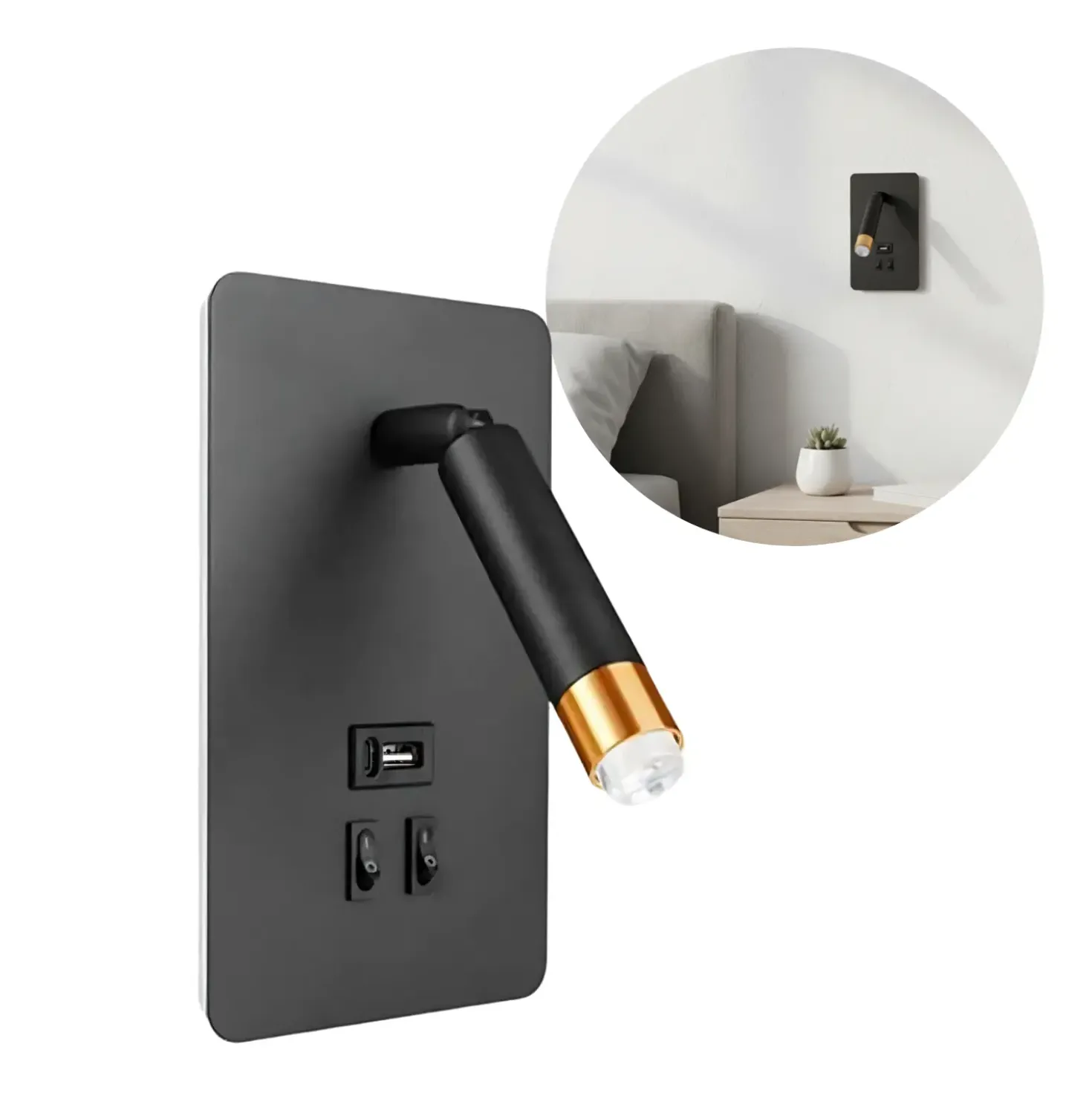 Væghængt Sengelampe Med USB Stik | USB Type A + C | LED Backlight | G9 | Messing Og Sort