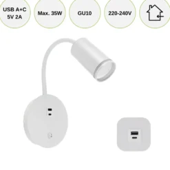 Væghængt Sengelampe Med USB | USB TYPE A + C | GU10 | Hvid