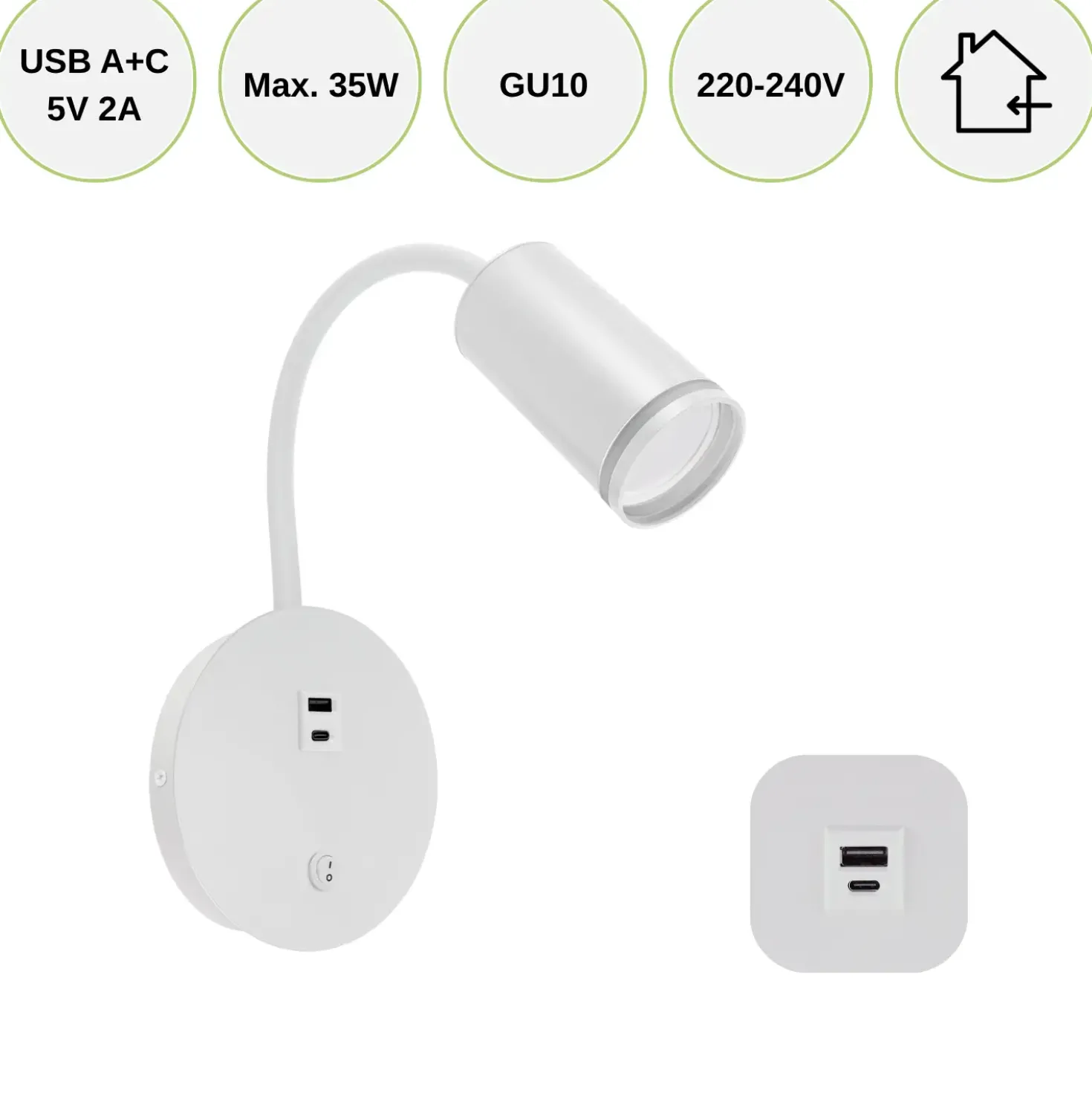 Væghængt Sengelampe Med USB | USB TYPE A + C | GU10 | Hvid