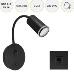 Væghængt Sengelampe Med USB | USB TYPE A + C | GU10 | ZULA | Sort