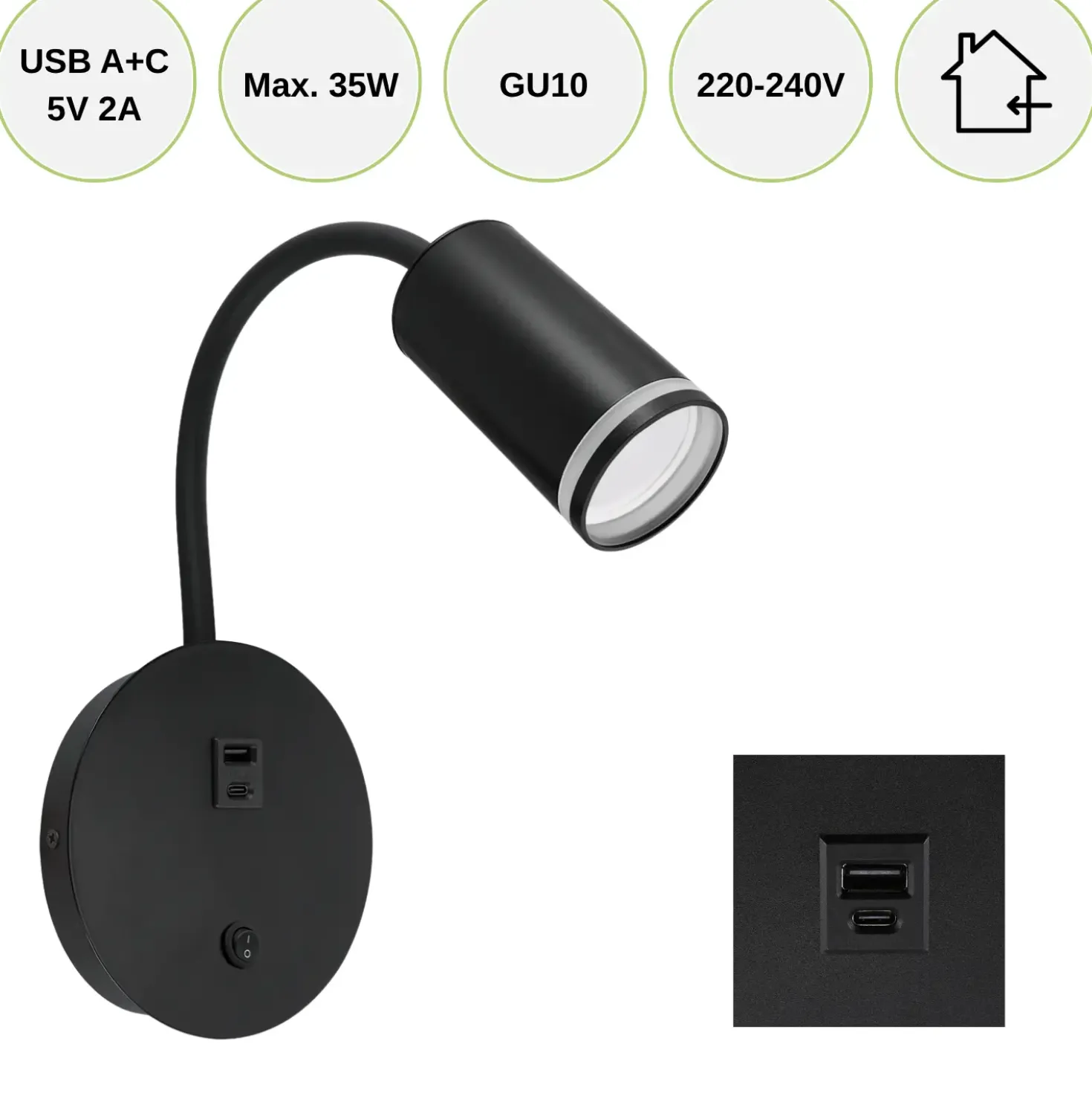 Væghængt Sengelampe Med USB | USB TYPE A + C | GU10 | ZULA | Sort