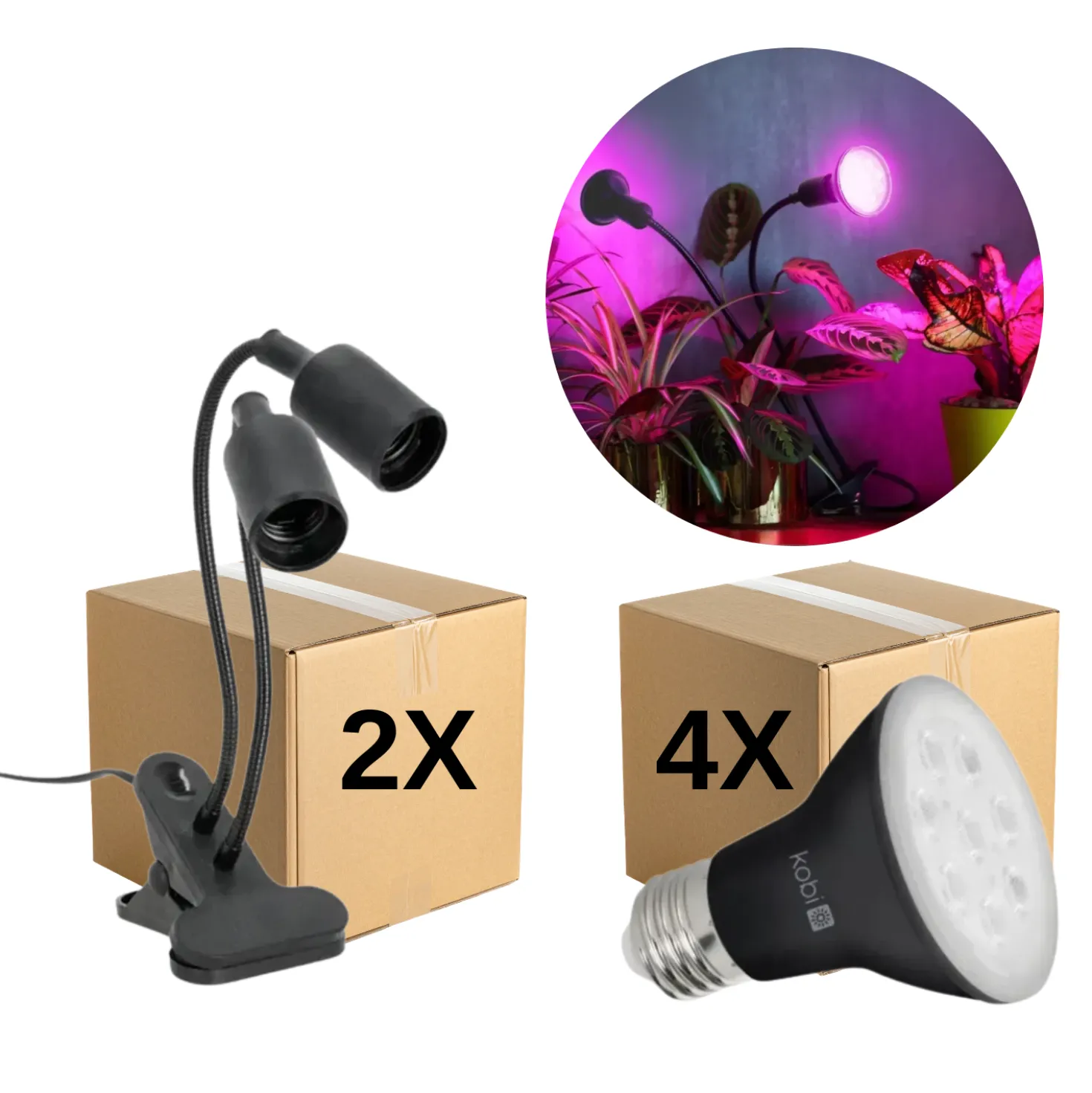 Vækstlys Lampe + Pære | 2-Pak | 7,4 PPF | 7W | 2 Arme | Med Klemme | Sort