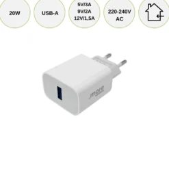 20W oplader | USB A | Mobil oplader | Hvid