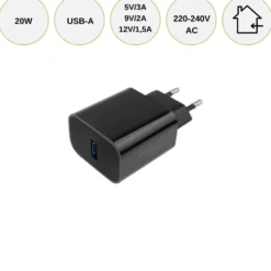 20W oplader | USB A | Mobil oplader | Sort