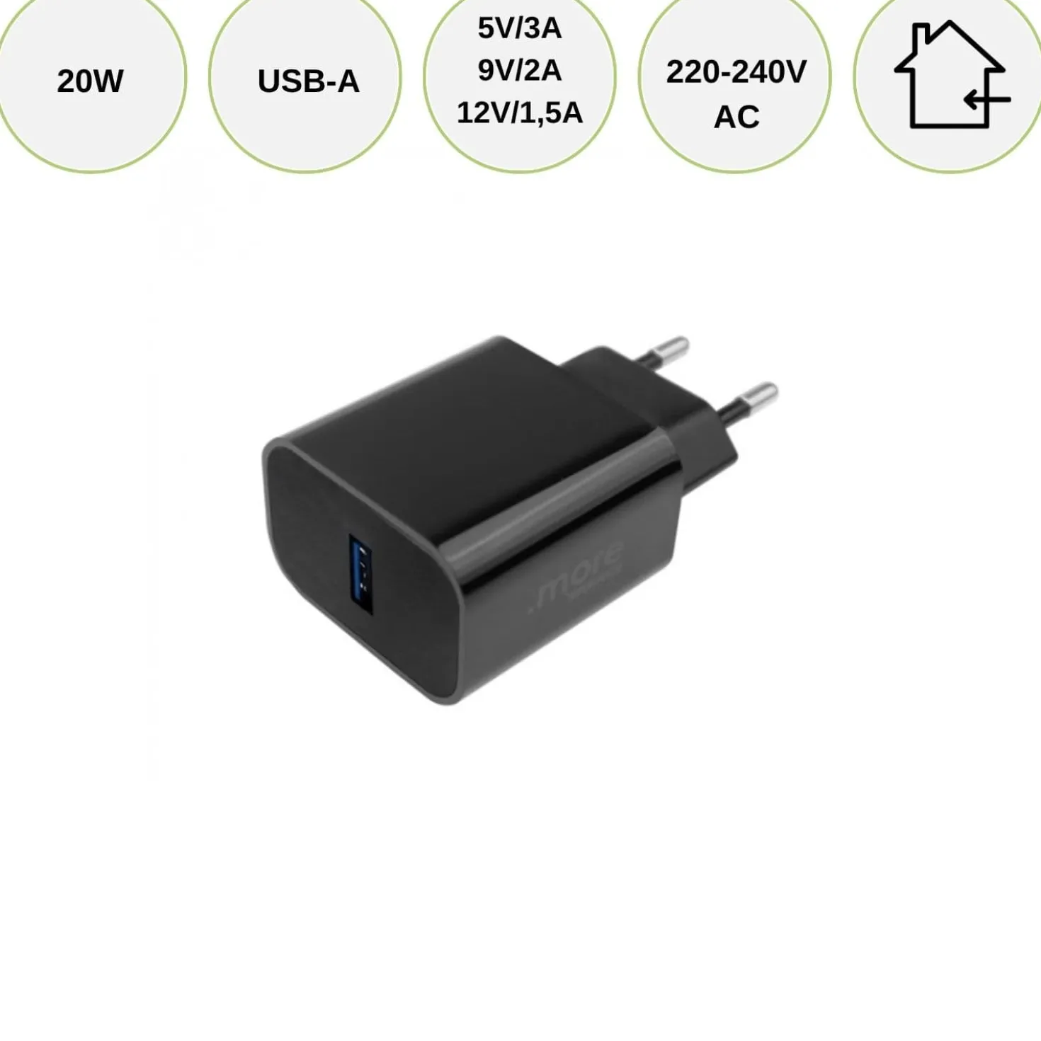 20W oplader | USB A | Mobil oplader | Sort