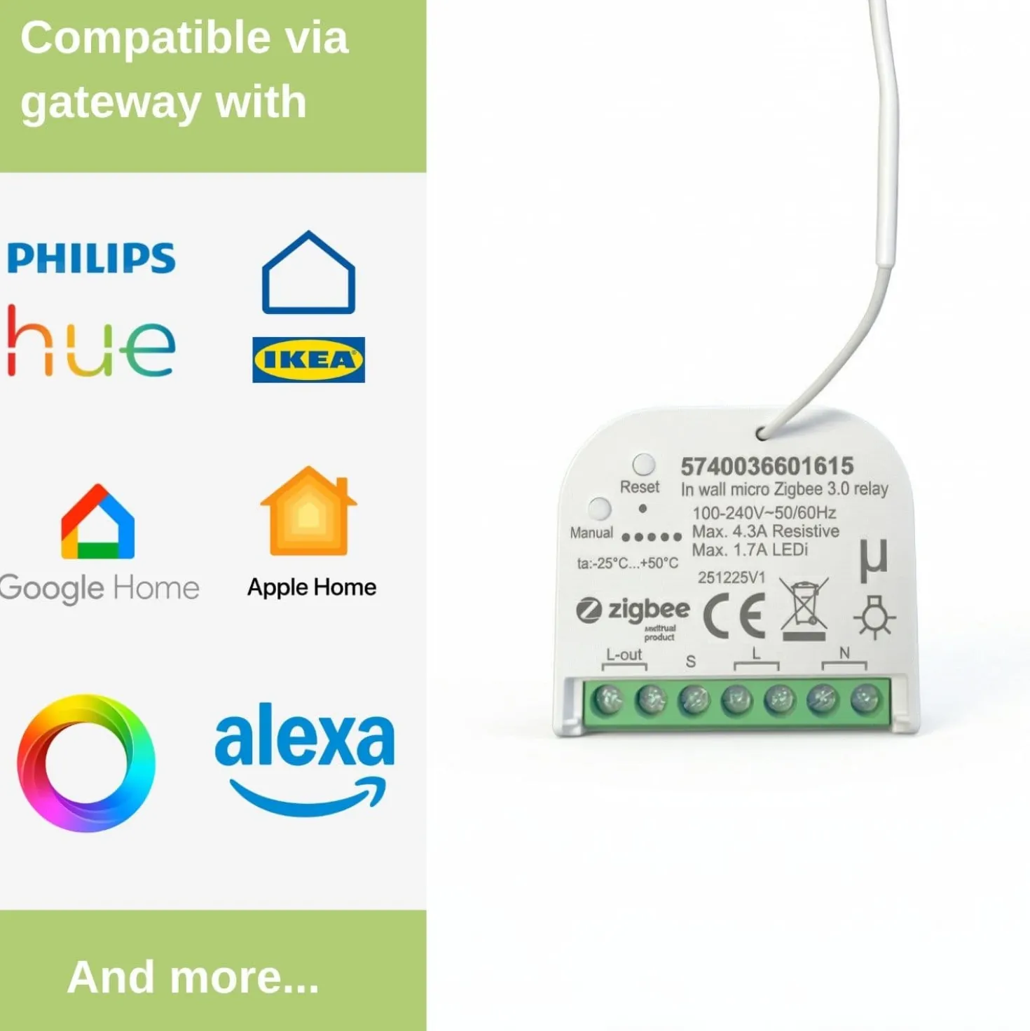 Zigbee Relæ 3.0 | Philips HUE Kompatibel | Til indbygning